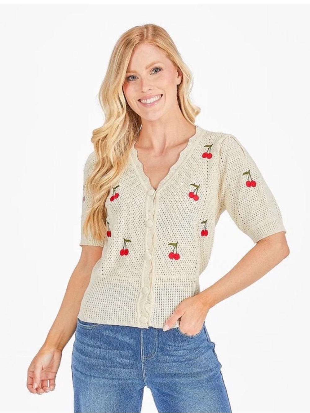 Simply Southern Cream Short-Sleeve Knit Cardigan with Red Cherry Embroidery